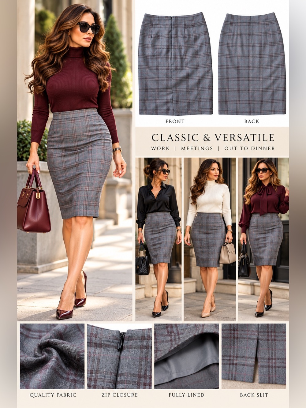 Ann Taylor Gray Plaid Pencil Skirt with Subtle Burgundy Windowpane